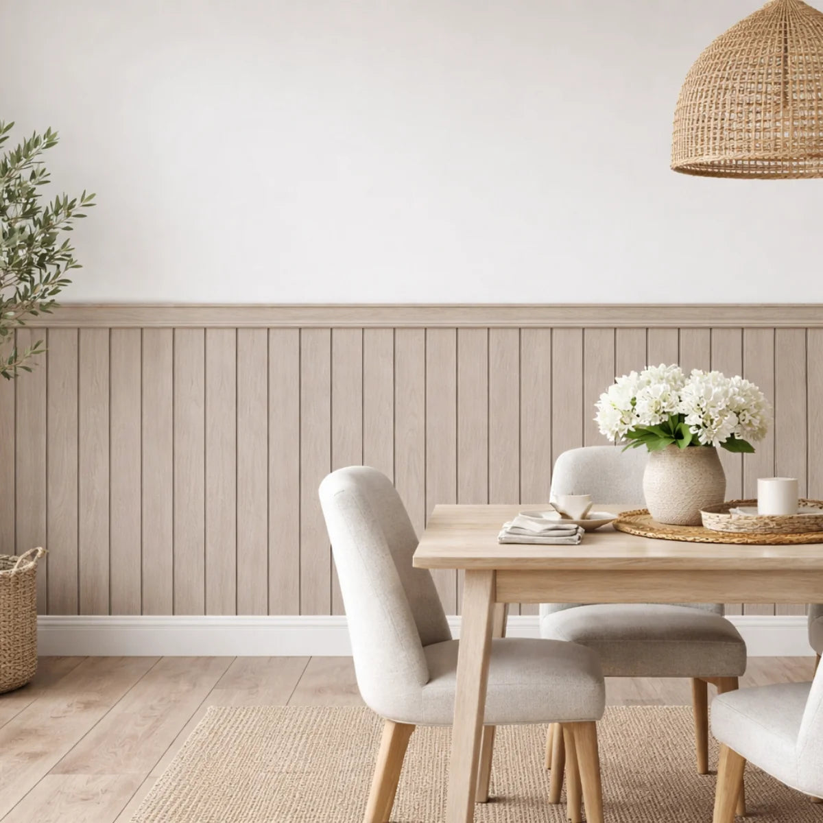 Light oak slatted wainscoting wall panels installed by Solid Furniture UK