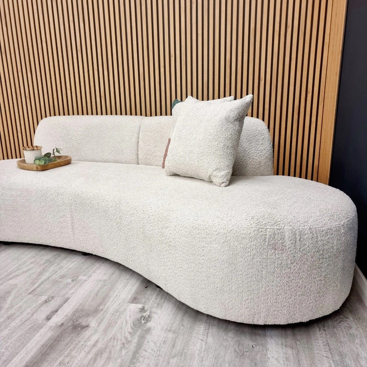 Light Oak WPC wall panels installed in a living room, slatted wood effect finish, 15×240cm, 12mm thick, Solid Furniture UK