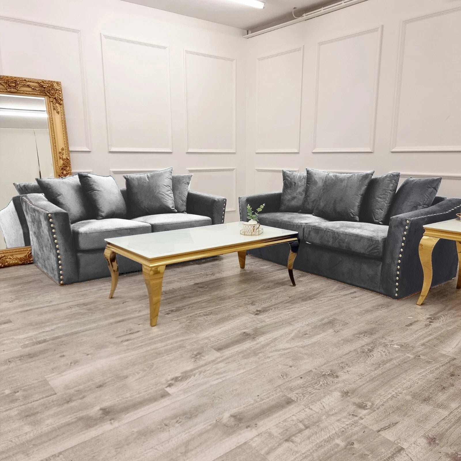 Lincoln velvet sofa set in pebble grey colour for modern living room solid furniture UK