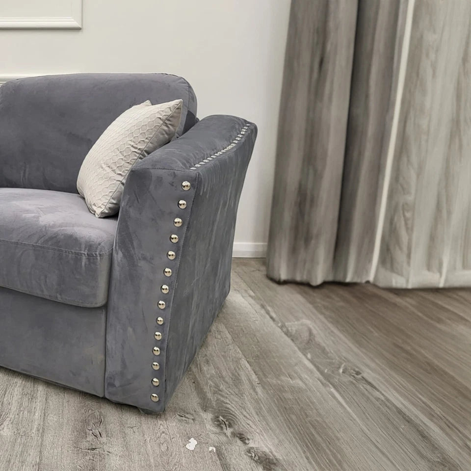 Lincoln velvet sofa set in pebble grey colour for modern living room solid furniture UK