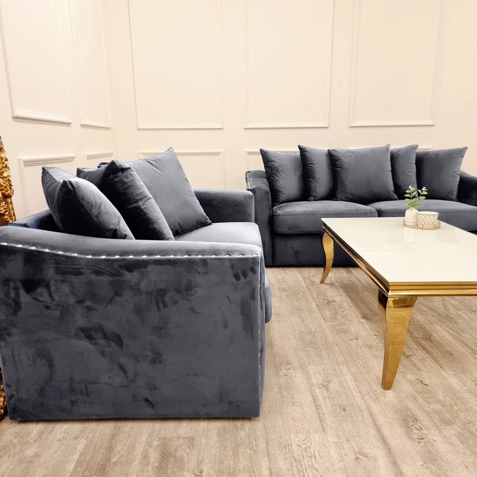 Lincoln 3 and 2 seater sofa set in steel crushed velvet with scatter back cushions Solid Furniture UK