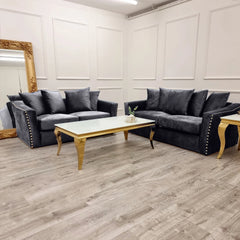 Lincoln 3 and 2 seater sofa set in steel crushed velvet with scatter back cushions solid furniture UK