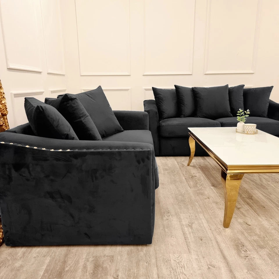 Lincoln 3 and 2 seater sofa in ebony black crushed velvet upholstery Solid Furniture UK