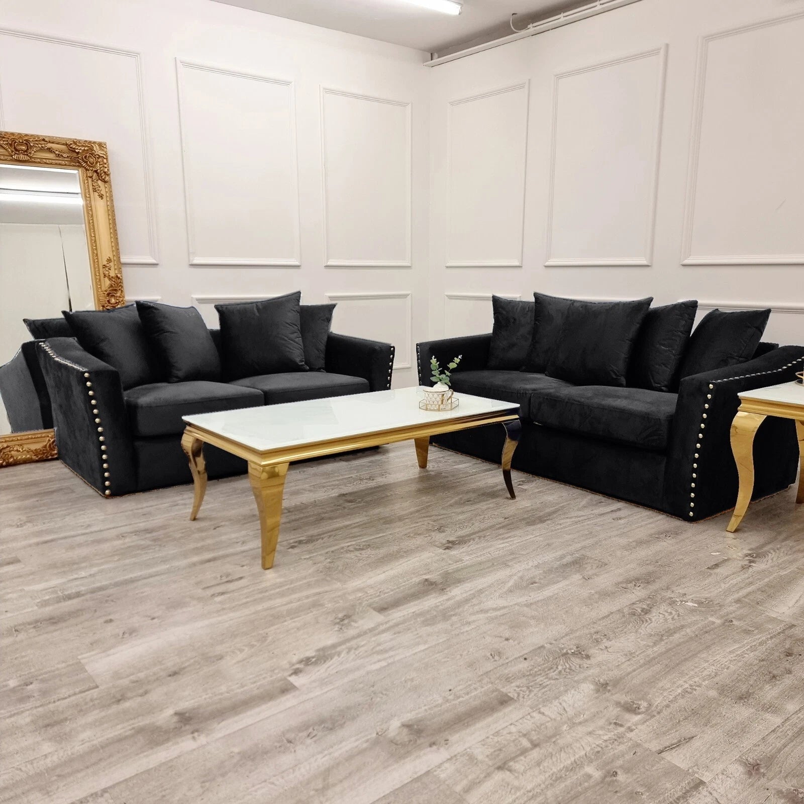 Lincoln 3 and 2 seater sofa in ebony black crushed velvet upholstery solid furniture UK