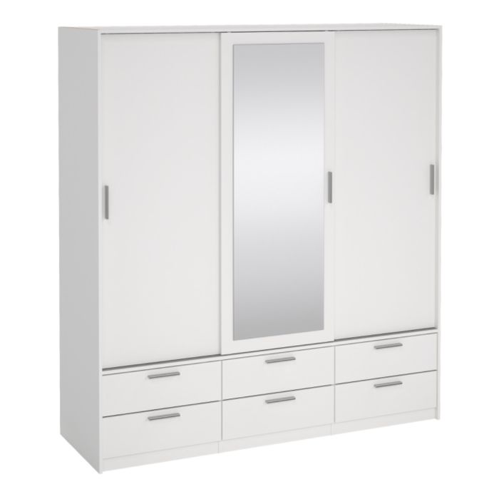Line White 3-Door Sliding Wardrobe front view with 6 drawers solid furniture UK