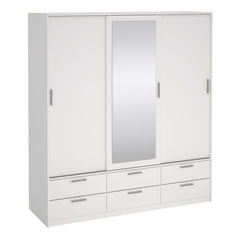 Line White 3-Door Sliding Wardrobe front view with 6 drawers solid furniture UK