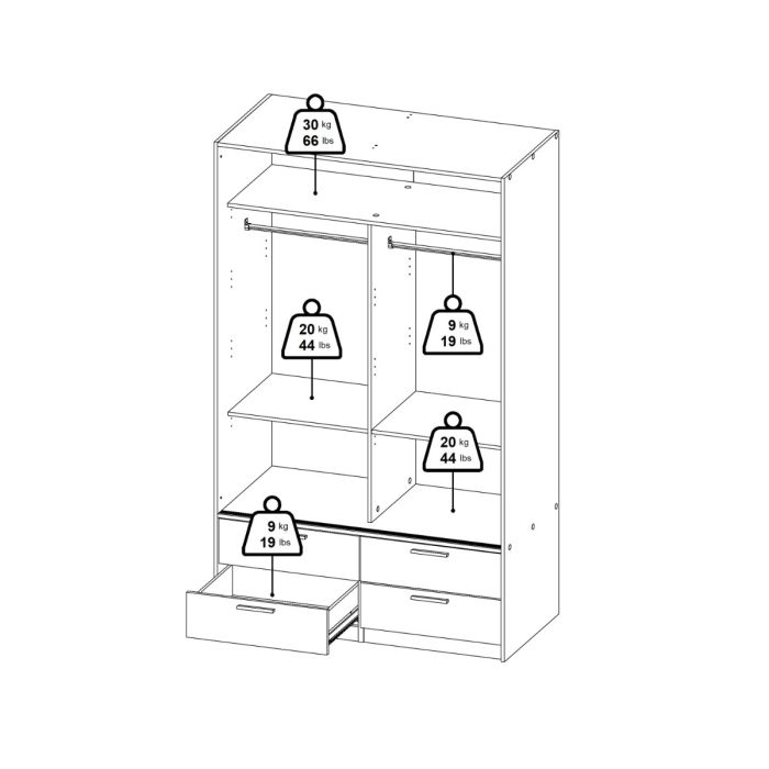 Line Wardrobe with 2 Sliding Doors and 4 Drawers