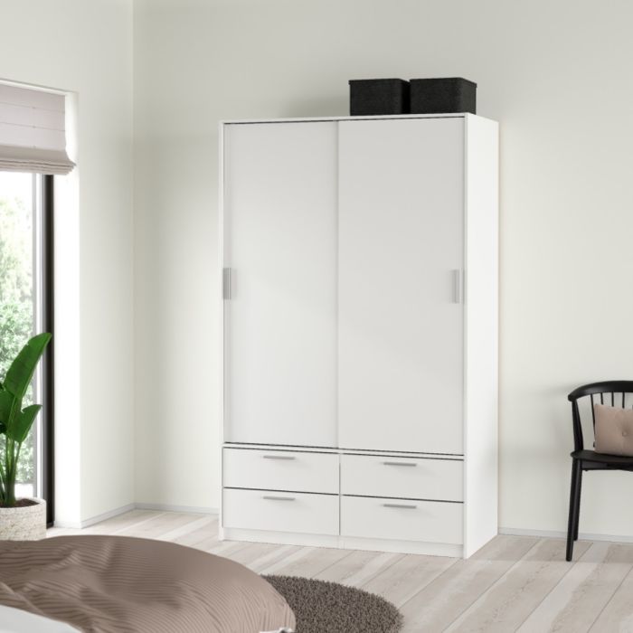 Front view of Line White Sliding Door Wardrobe with 2 sliding doors and 4 drawers