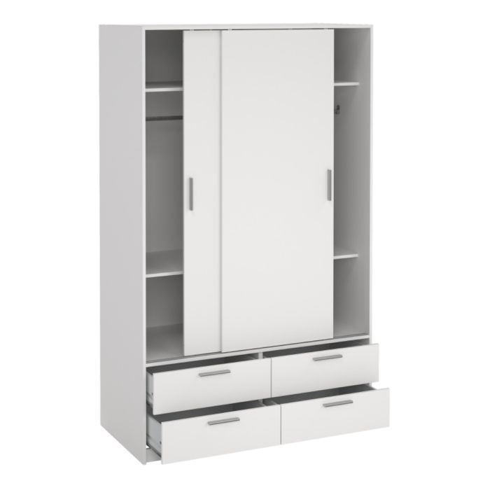 Open sliding doors showing hanging rail and adjustable shelves inside Line White Wardrobe