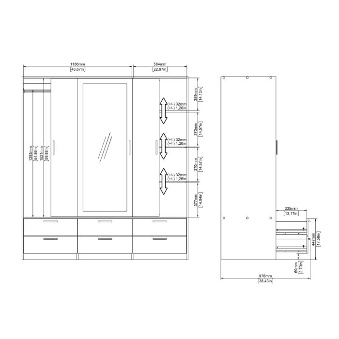 Neatly organized drawers in white sliding wardrobe