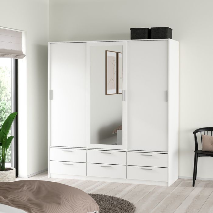 Central door full-length mirror on Line White Sliding Wardrobe