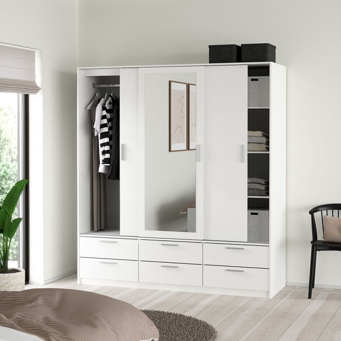 Sliding wardrobe open doors showing hanging rails for clothes
