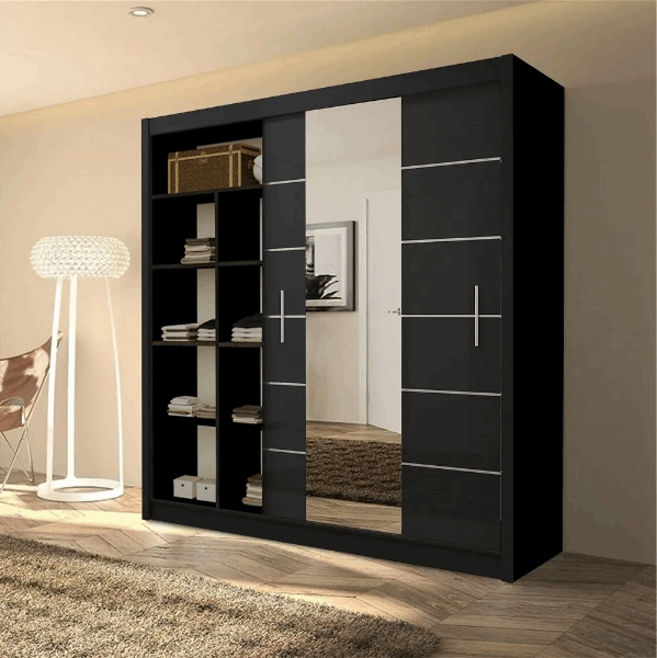 Black Wardrobe 180cm sliding mirror wardrobe with shelves and hanging rails