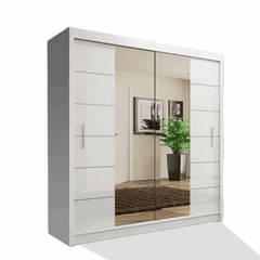 LISBON White Wardrobe 150cm sliding doors with mirror, shelves, and hanging rails