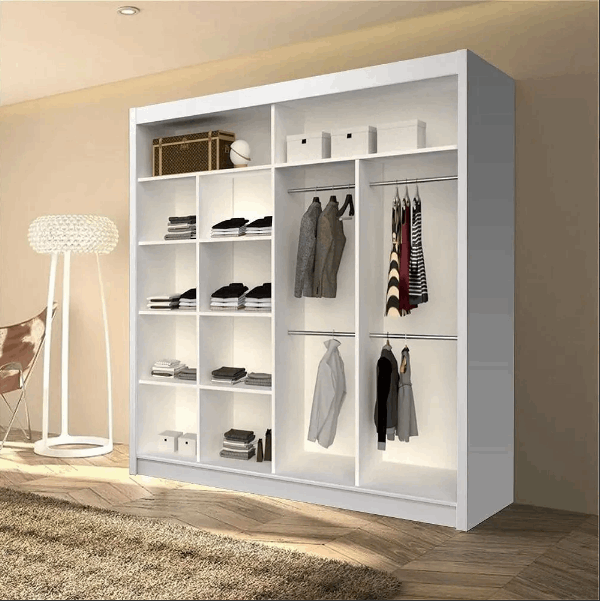 LISBON White Wardrobe 180cm sliding mirror wardrobe with shelves and hanging rails
