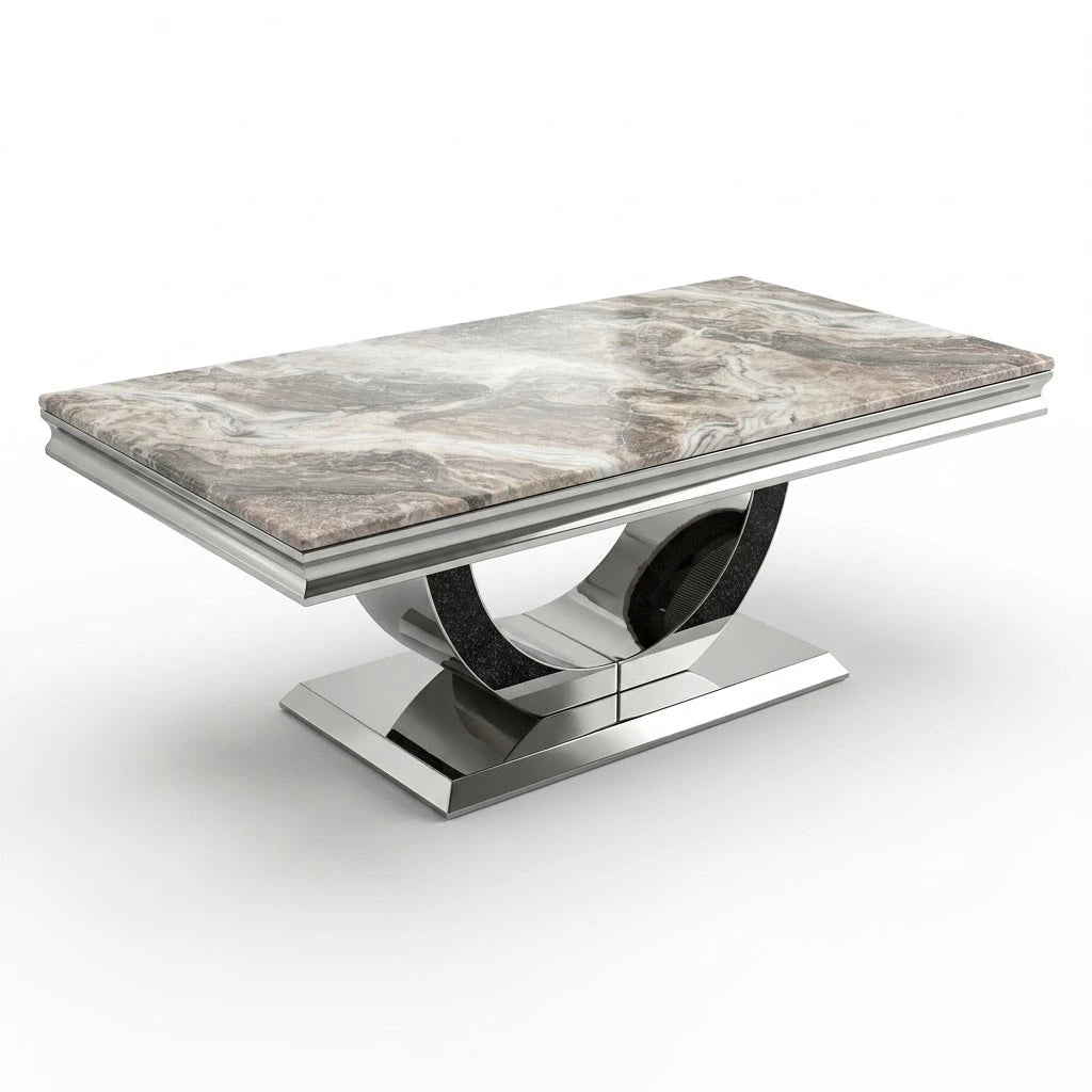 London 120cm coffee table with beige marble top and chrome U-shaped base | Solid Furniture UK