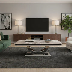 London 120cm coffee table with marble and ceramic top in a modern living room by Solid Furniture UK