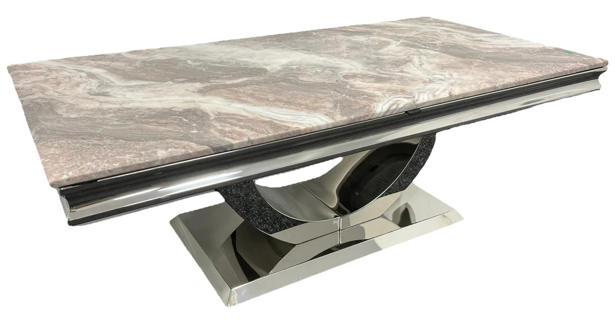 London 120cm coffee table main view with marble top and chrome U-shaped base by Solid Furniture UK