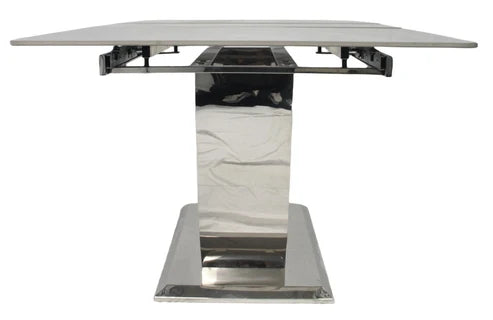 London grey ceramic dining table side view showing chrome frame and U-shaped base by Solid Furniture UK