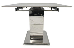London grey ceramic dining table side view showing chrome frame and U-shaped base by Solid Furniture UK