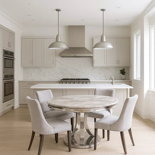 London 1.3m round marble dining table with chrome pedestal and chairs by Solid Furniture UK