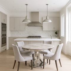 London 1.3m round marble dining table with chrome pedestal and chairs by Solid Furniture UK