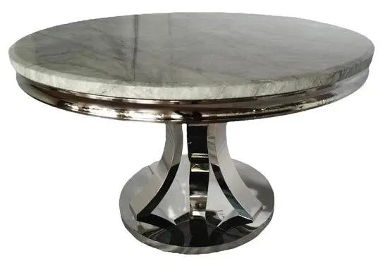 London 1.3m round marble dining table with chrome pedestal main view by Solid Furniture UK