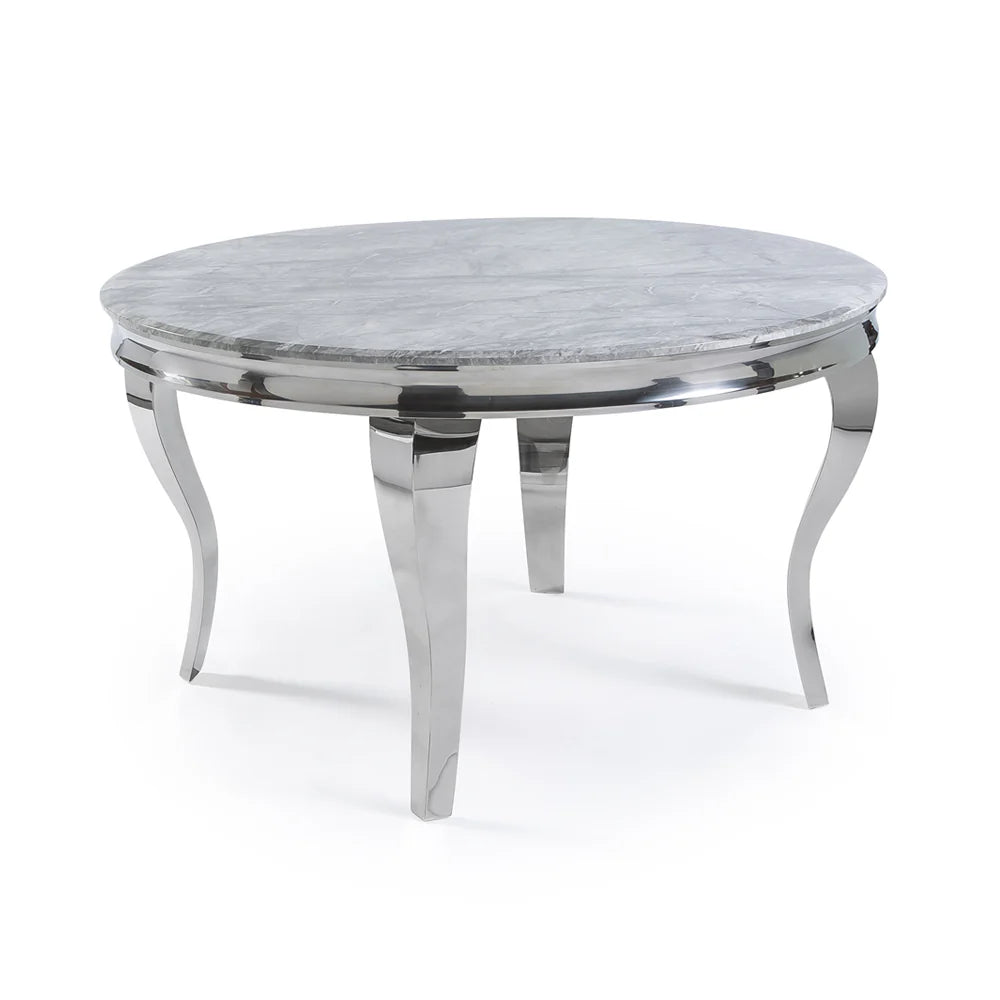 Louis 1.3m round silver grey marble effect sintered stone dining table with polished chrome pedestal base from Solid Furniture UK