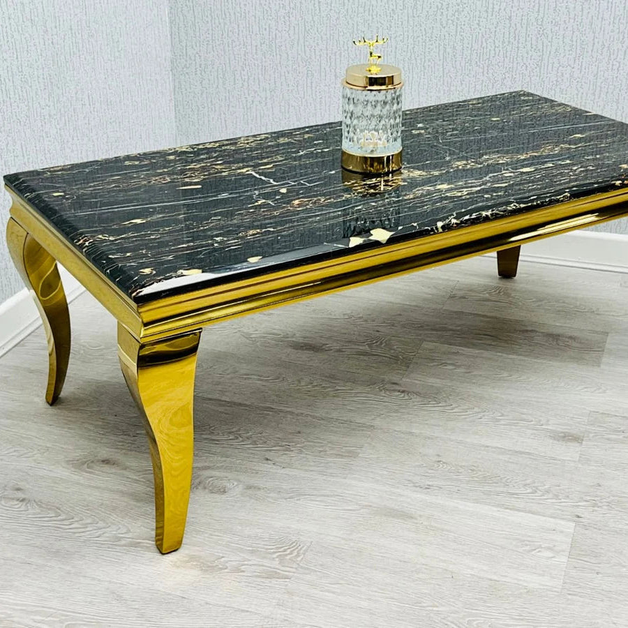 Louis 120cm Black Marble Coffee Table with Gold Frame Side View | Solid Furniture UK