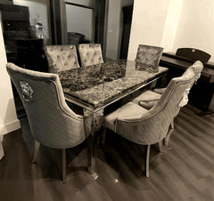 Side view of Louis black marble dining table Solid Furniture UK showing pedestal base and marble effect finish