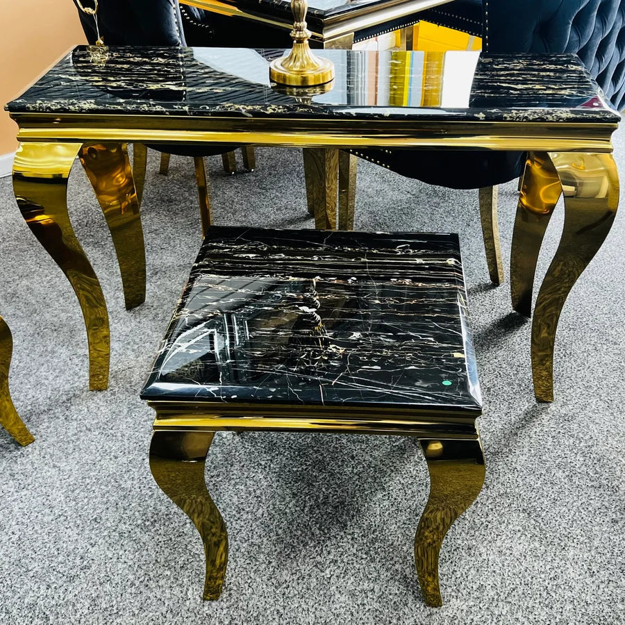 Louis black marble lamp table and console table with gold frames by Solid Furniture UK