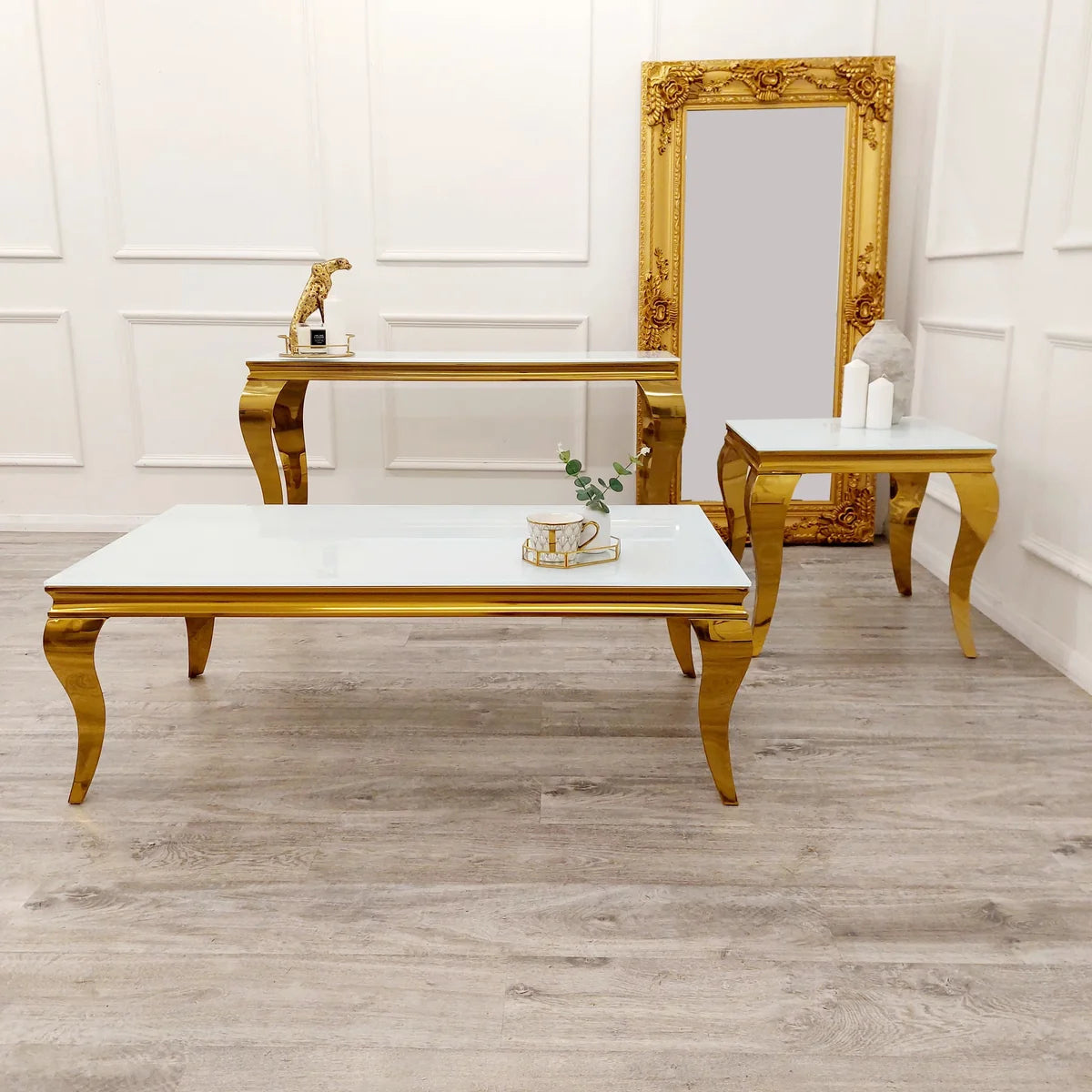 Louis console, coffee and lamp tables UK with marble and ceramic tops and gold frames by Solid Furniture