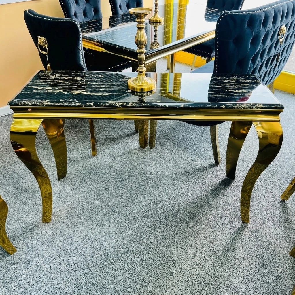 120cm Louis Console Table UK with black marble top and gold frame in a modern living room by Solid Furniture