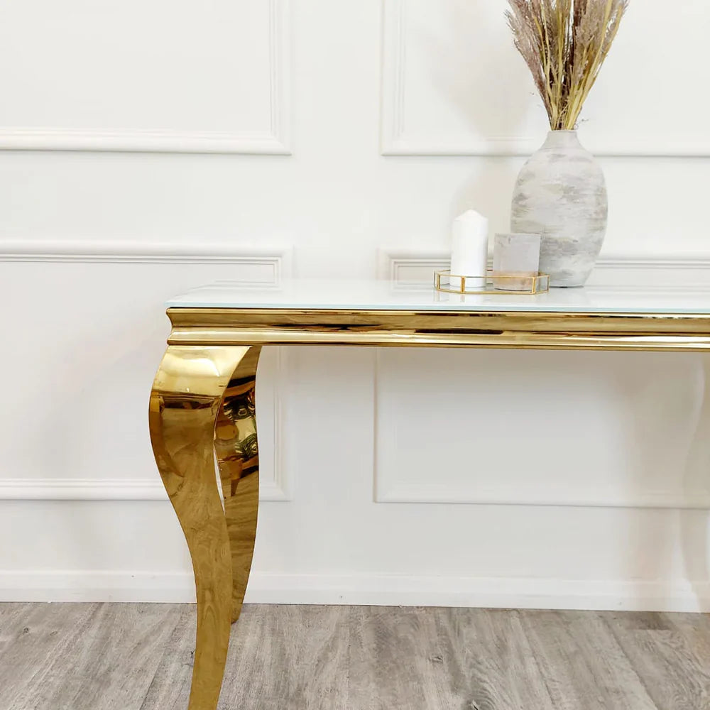 120cm Louis Console Table UK with marble and ceramic top options and gold frame side view by Solid Furniture