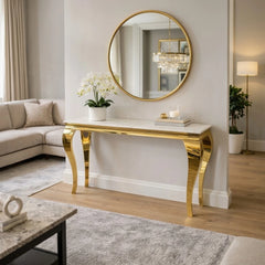 120cm Louis Console Table UK with marble top and gold frame in a modern living room by Solid Furniture