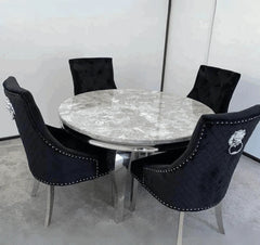Solid Furniture UK luxury dining set with grey round marble table and Bentley black velvet chairs main view