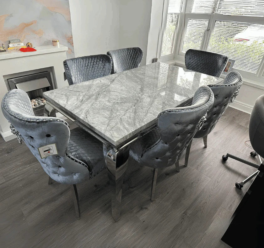 Louis grey marble dining table and velvet chairs set main view with chrome base by Solid Furniture UK, luxury dining set UK