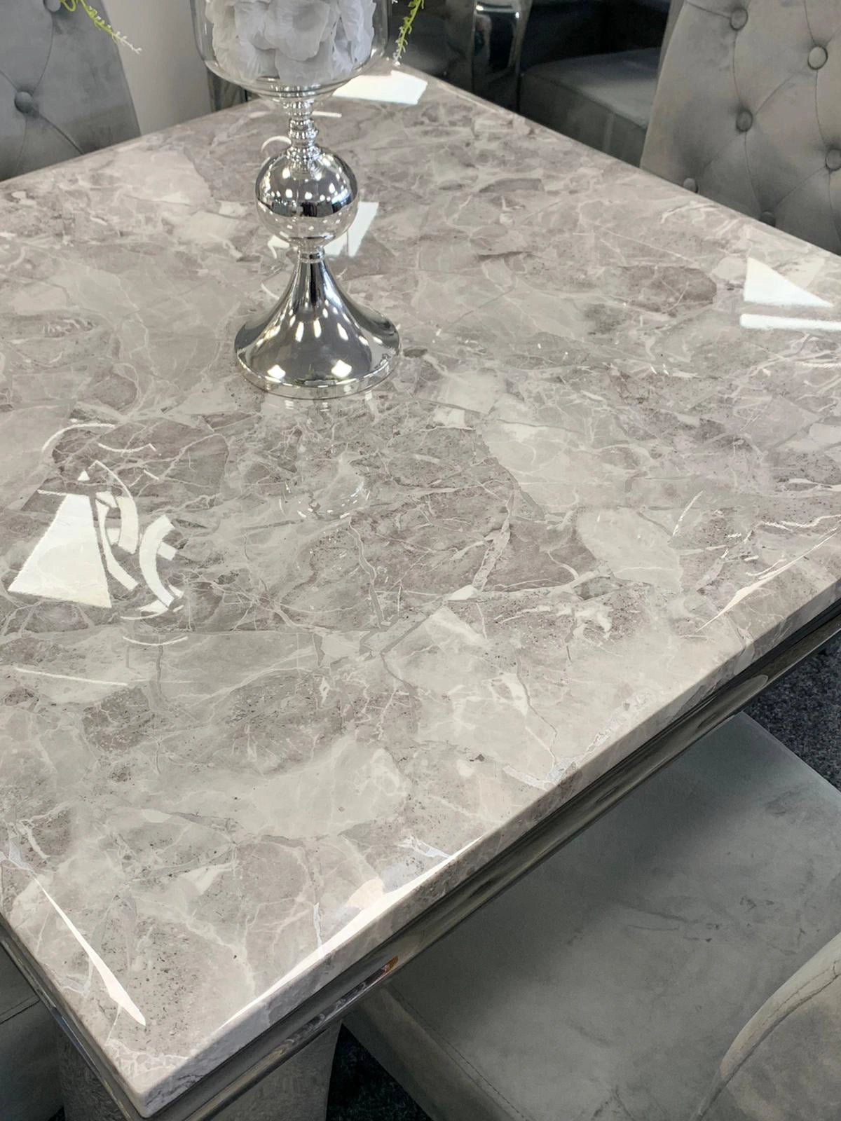 1m Louis grey marble square dining table main view with chrome base by Solid Furniture UK, modern marble table UK