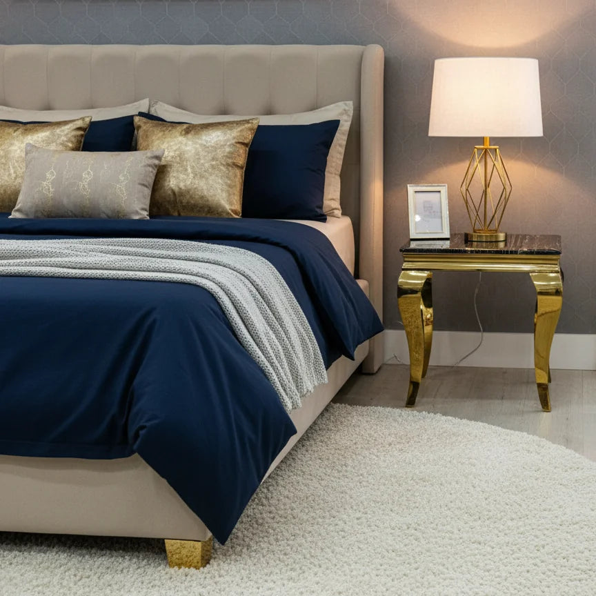 Louis lamp table in bedroom with marble or ceramic top and gold frame by Solid Furniture UK