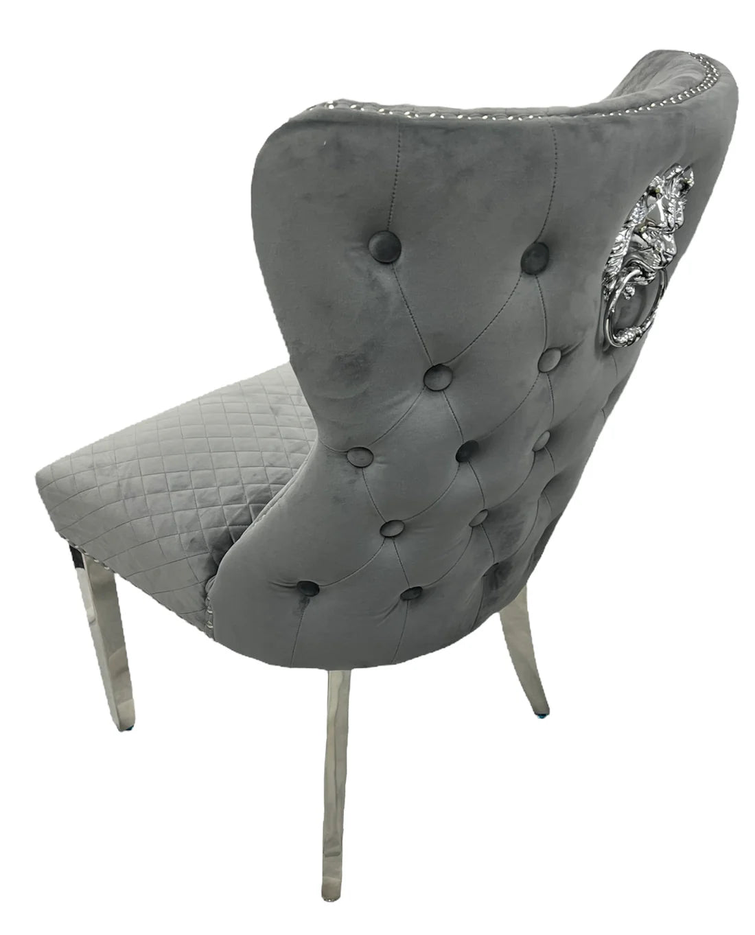 Louis Plush Dining Chair Dark Grey by Solid Furniture UK back view showing lion knocker and Chesterfield design