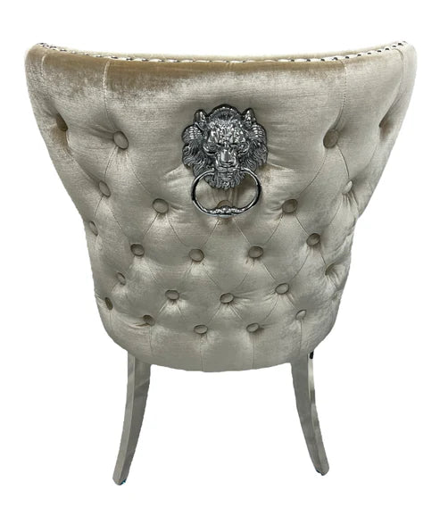 Louis Plush Dining Chair Mink by Solid Furniture UK back view featuring elegant shimmer shade velvet finish with luxury detailing and lion knocker design