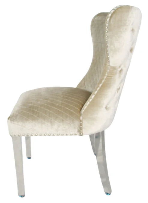Louis Plush Dining Chair Mink by Solid Furniture UK side view highlighting chrome legs and upholstery
