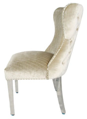 Louis Plush Dining Chair Mink by Solid Furniture UK side view highlighting chrome legs and upholstery