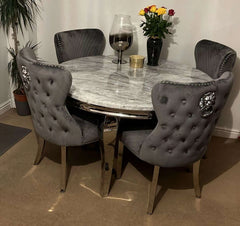 Louis 1.3m grey round marble dining table with Valentino grey velvet chairs main view Solid Furniture UK