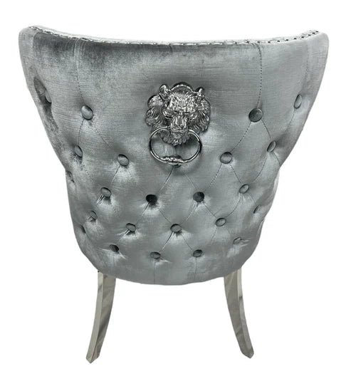 Louis velvet dining chair back side view with lion knocker and chrome legs by Solid Furniture UK, luxury dining chair UK