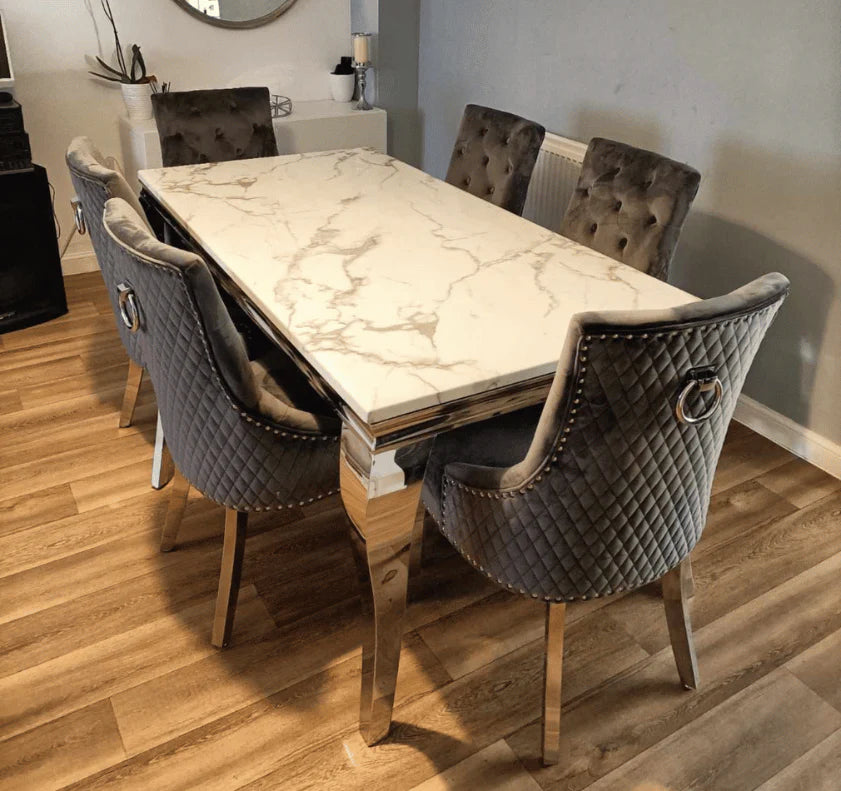 Luxury Louis white marble dining table with Majestic grey velvet dining chairs set main view – Solid Furniture UK