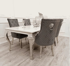 Louis white marble dining table with Bentley grey velvet chairs main view luxury dining set from Solid Furniture UK