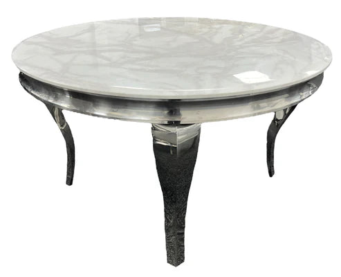 1.3m round white marble dining table with chrome base elegant modern design – Solid Furniture UK