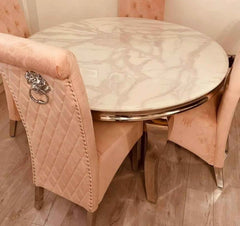 Close-up of Louis white marble-effect sintered stone dining table with chrome base from Solid Furniture UK