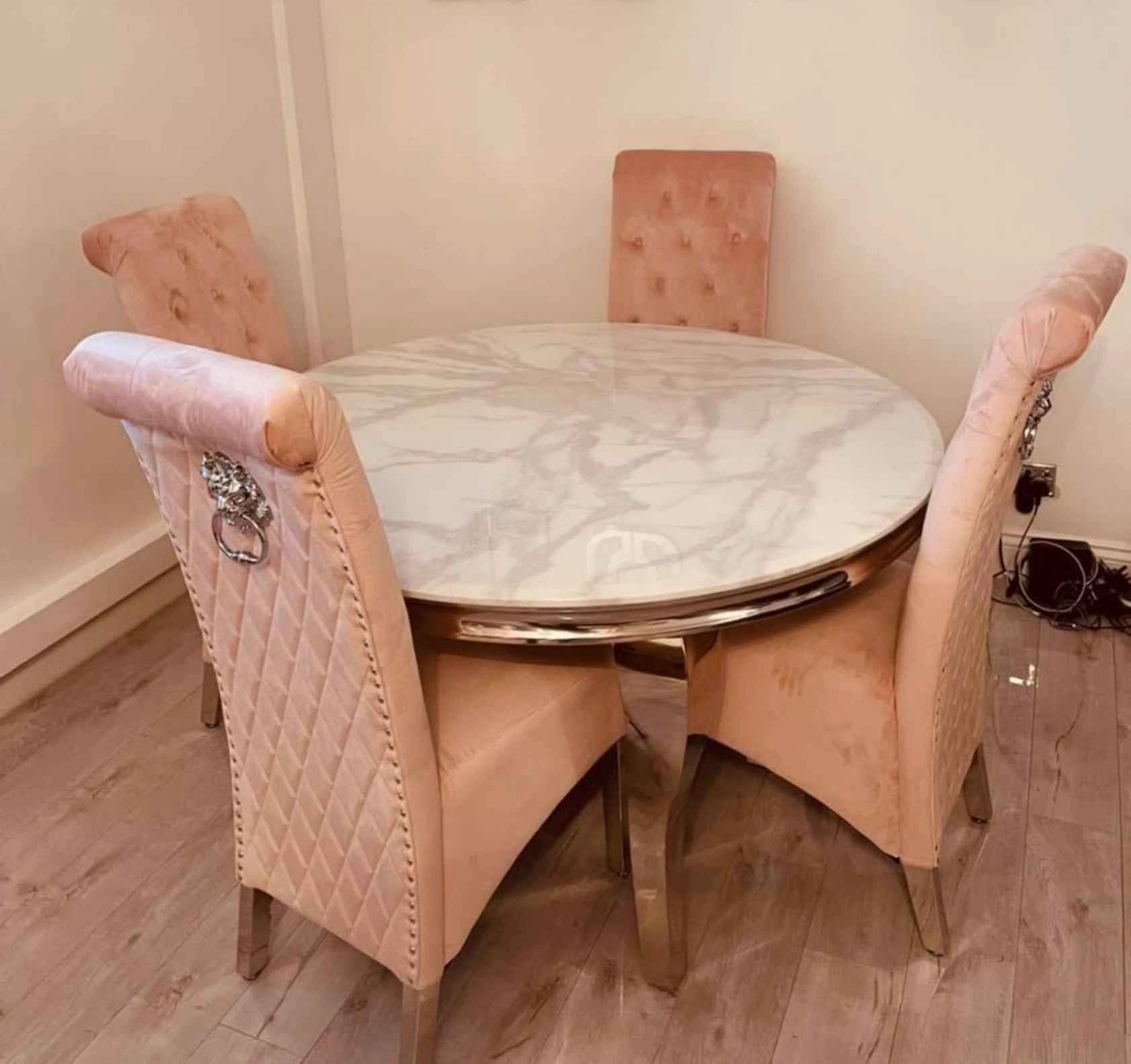 Louis white round marble dining table with chrome pedestal base from Solid Furniture UK – main view